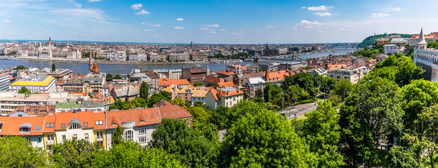 A panorama view across the River Danube in Budapest from the Fisherman's Bastion in the summertime