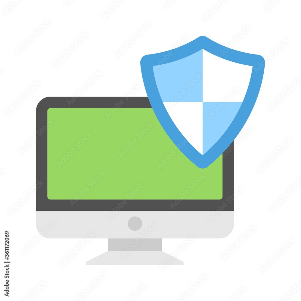 Poster computer with protection shield icon illustration. pc security sign. internet, data security.