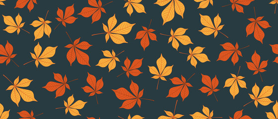 Yellow and orange leaves seamless background on dark blue background. Vector illustration.