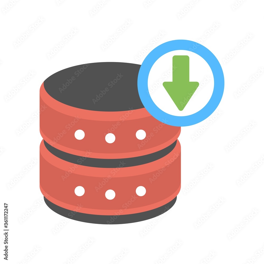 Poster database with download sign. backup server symbol. download files from database. flat icon illustrat