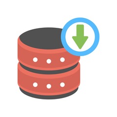 Database with download sign. Backup server symbol. Download files from database. Flat icon illustration.