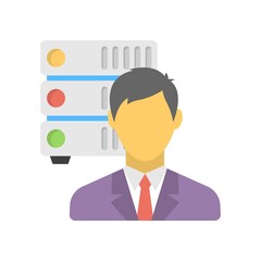 Computer server with man silhouette. Data center employee sign. Flat icon illustration.