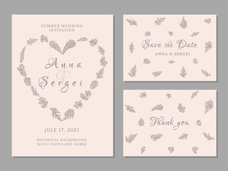 Set of wedding cards with a plants . Botanical illustration. Invitation, save the date, thank you card. Lilac, pink. A heart.