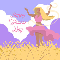 Greeting card in vector Happy Women's Day. Girl is dancing on spring field.