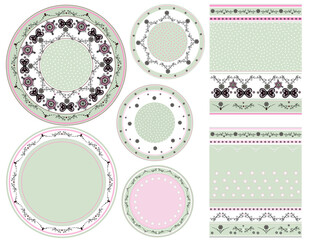 An elegant set of patterns for decorating dinner sets. Arrangement of circular ornaments for plates and pattern for cups and teapots. Vector with pink turquoise and white elements