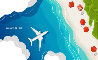 The airplane lands on a tropical island, top view. Summer travel background. Travel vacation concept. Vector illustration, flat style.