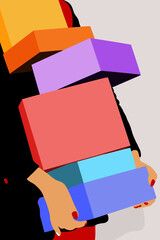 women are carrying many boxes. vector illustration