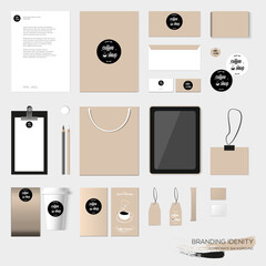Stationery template design with coffee house elements. With blank, name card, envelope, paper bag, badge, etc. 