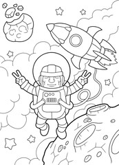 cartoon funny astronaut flies in space, coloring book, cute illustration