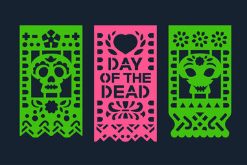 Dia de los muertos mean Day of the Dead celebration. Traditional Mexican paper cutting flags