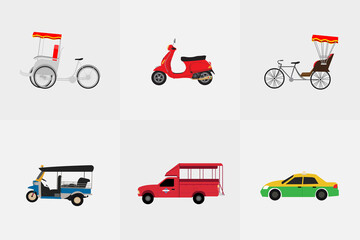 Thai transportation with tricycle, motorcycle, taxi, mini bus. Vector illustration