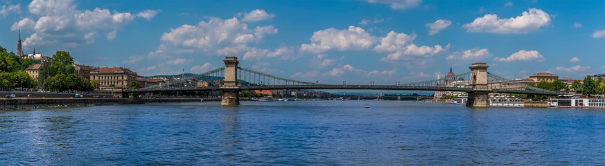 A panorama view of the Chain Bridge across the River Danube in Budapest during summertime