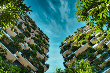 Vertical Forest (Bosco Verticale) Innovative Green House Skyscraper representing commitment to sustainable economy designed by Boeri Studio - obrazy, fototapety, plakaty