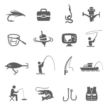 Fishing icon set, catching fish sport and hobby