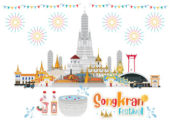 Thai New Year. songkran water festival thailand. Thai scented water (Nam Ob Thai) and Traditional Thai Silver Bowl. Vector illustration