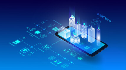 Vector illustration of a mobile phone with buildings and elements of a smart city. Science, futuristic, web, network concept, communications, high technology. EPS 10