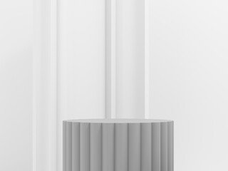 Exhibition stand, podium in the form of classic Greek pillars. 3D render illustration for advertising goods, products, museum expansions. Simple light background with classic cornice on the wall.