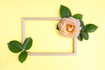 Flower composition. Frame of natural roses flowers and green leaves on a yellow background, space for text. Spring background. Flat lay.