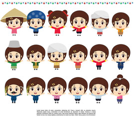 Asian in national clothes. Southeast Asia. Set of cartoon characters in traditional costume.