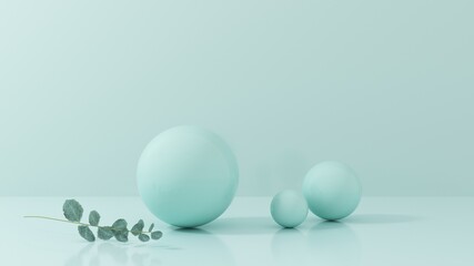 Podium, stand, showcase on pastel light, mint background for premium product with nature plant, leaves. Mock up for exhibitions, presentation of products, therapy, relaxation and health -3d render.