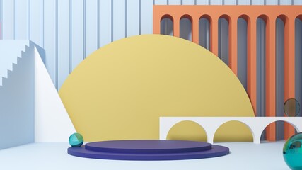 Staircase with steps -podium,stand for shoes on background of phantom blue room - 3D,render. Studio  with geometric objects. Architectural background for advertising products, presentations.