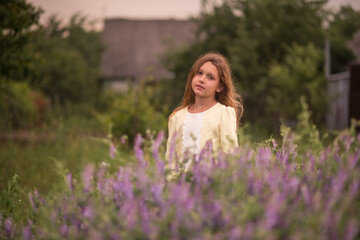 Obraz na płótnie Canvas Beautiful girl at sunset in a field with purple flowers. Lavender. The child walks and travels. Rest and games. Long haired girl