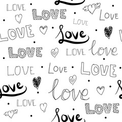 Seamless pattern hand drawn lettering love with symbol doodle art on white background