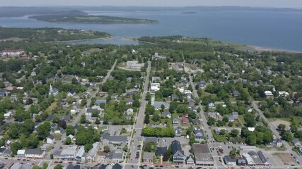 AERIAL: Moving Backward High Over the Town of Saint Andrews in New Brunswick, Canada