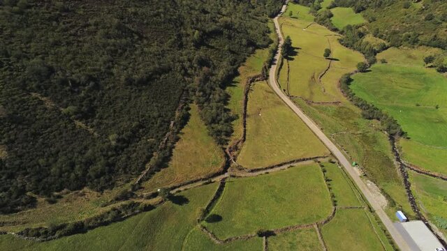 Aerial view in fields of Asturias,Spain. Drone Shoot