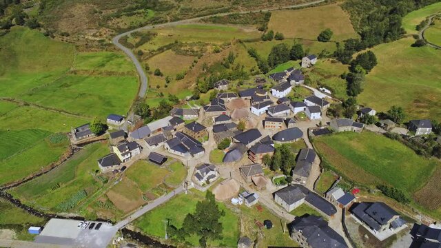 Aerial view in fields and village  of Balouta in El Bierzo, Leon. Spian. Drone Footage