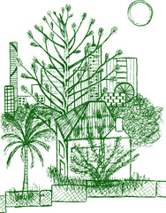 Brisbane freehand sketch of CBD district seen from Highgate Hill park