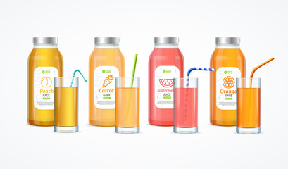 Fototapeta na wymiar Realistic Detailed 3d Color Full Juice Bottle Set. Vector
