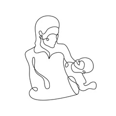 Mother playing with baby boy one line art, mom and kid sketch drawing continuous line isolated vector