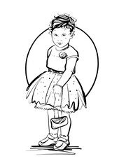 Little girl. In a fashionable dress. Black and white illustration. Sweet young Princess.