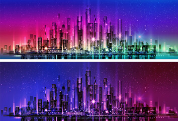 Night city illustration with neon glow and vivid colors. illustration with architecture, skyscrapers, megapolis, buildings, downtown.