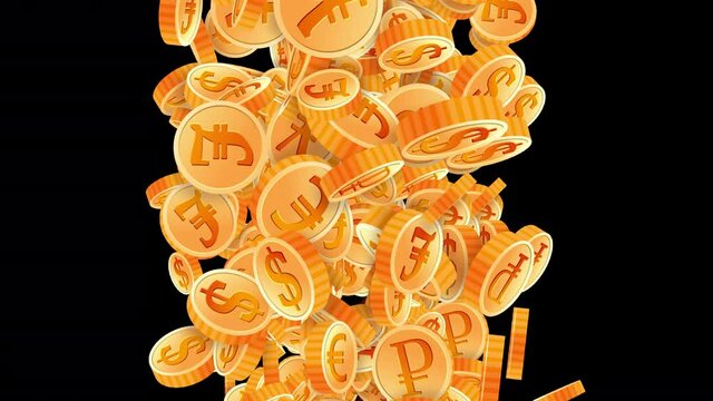 Many gold coins of different currencies fall from top to bottom. Seamless animation on a transparent background for editing.