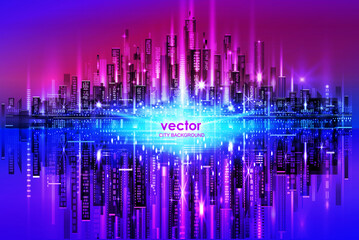 Plakat Night city illustration with neon glow and vivid colors. illustration with architecture, skyscrapers, megapolis, buildings, downtown.