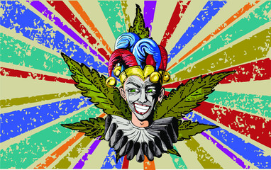 Laughing joker with crazy face over cannabis leaf and colorful vintage, grunge background