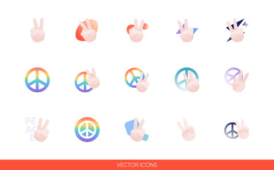 Peace sign hand with fingers and pacific sign, international symbol of peace, disarmament, antiwar movement icon set of color types. Isolated vector sign symbols.