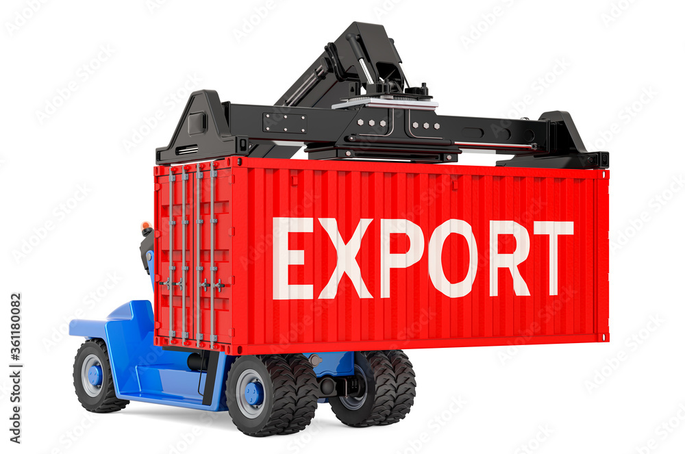 Poster export container shipping concept. cargo container with reach stacker, 3d rendering