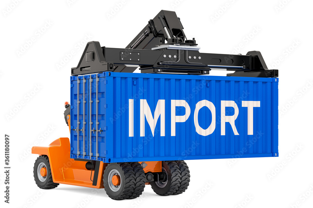 Poster import container shipping concept. cargo container with reach stacker, 3d rendering