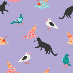 Obraz premium Bright summer vector seamless pattern with ice-cream, cat and birds