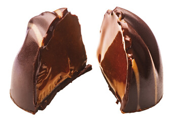 Praline with golden filling - cut chocolate in a subtle shape - cocoa-milk sweetness