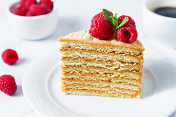 Honey cake with caramel cream filling decorated with strawberries and mint leaves