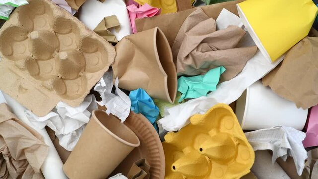 Paper cups, plates, egg packaging and other paper waste prepared for recycling, top view