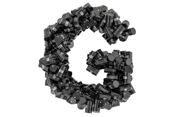 Letter G from black oil barrels, 3D rendering