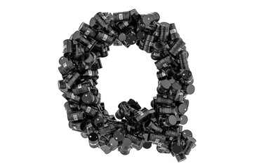 Letter Q from black oil barrels, 3D rendering
