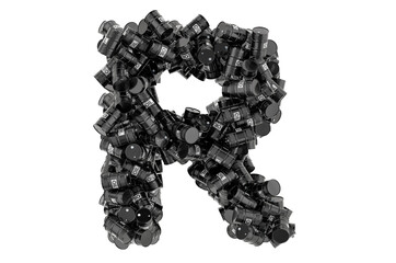 Letter R from black oil barrels, 3D rendering