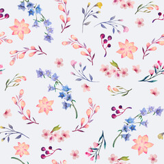 Seamless watercolor flower pattern. Delicate botanical design. Light blue background