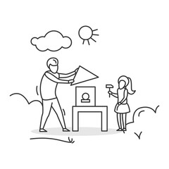 Bird house icon. Dad and girl building nesting box together. Concept linear pictogram for family crafts and summer vacation children activity idea. Editable stroke vector illustration